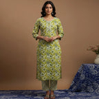 Green & Ivory Floral Printed Cotton Suit Set