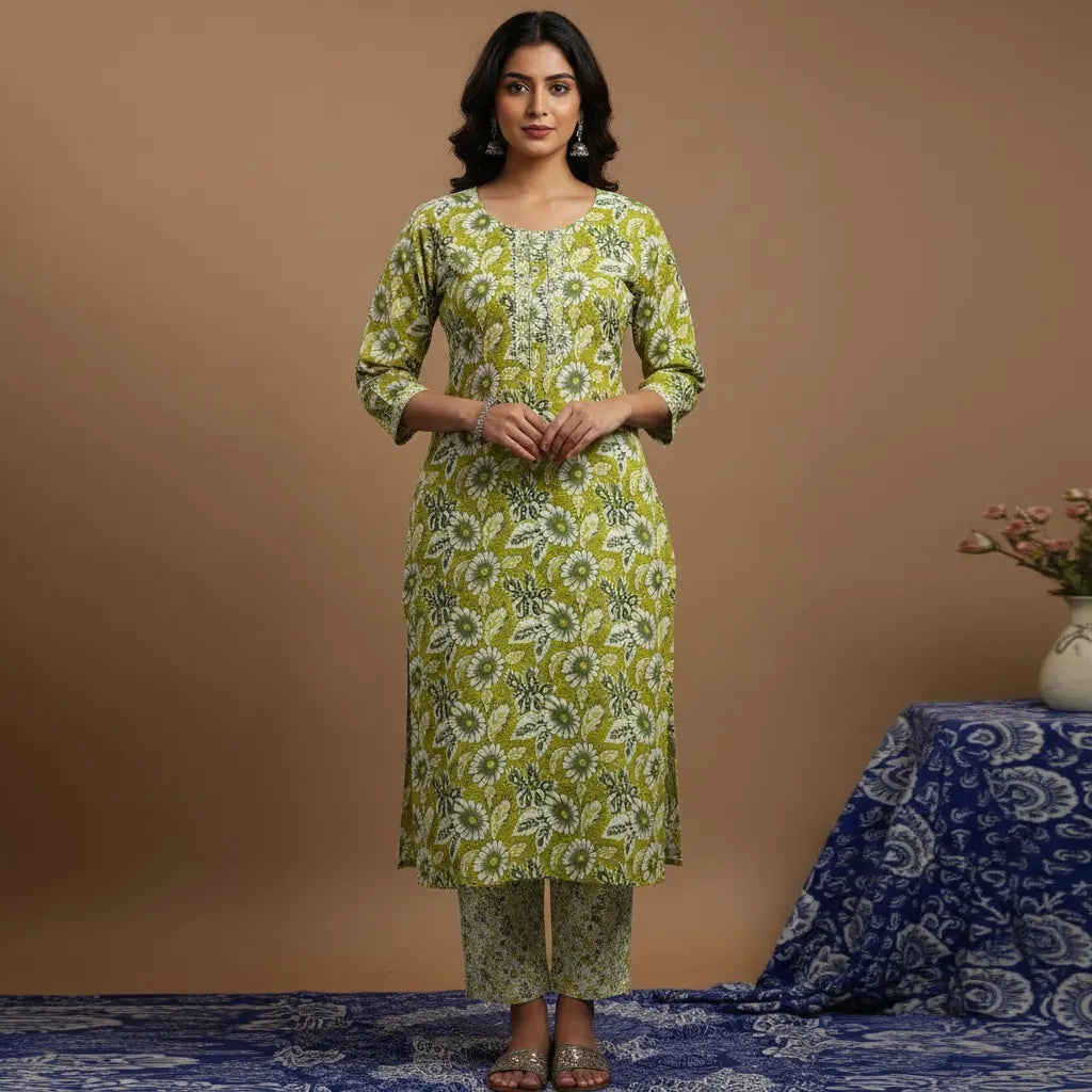 Green & Ivory Floral Printed Cotton Suit Set