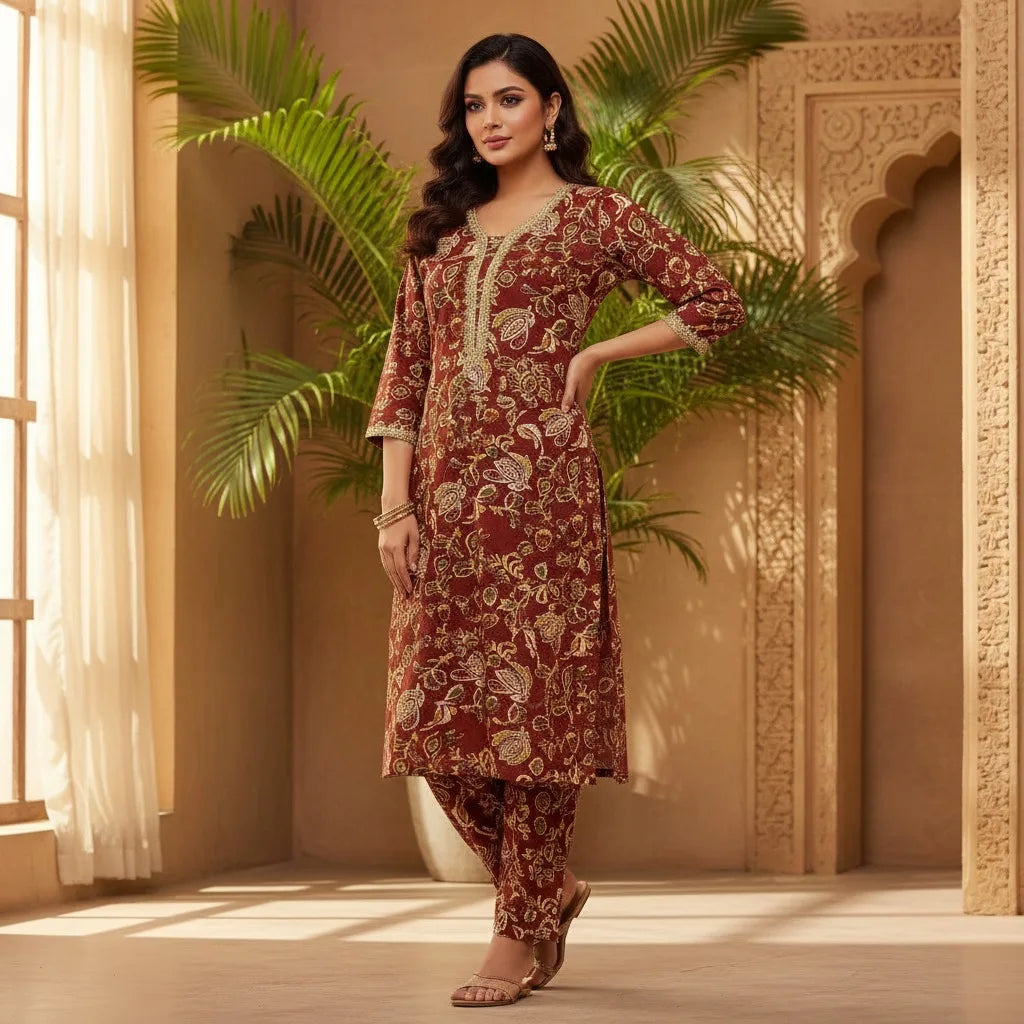 Maroon Cotton Kurti Pant set