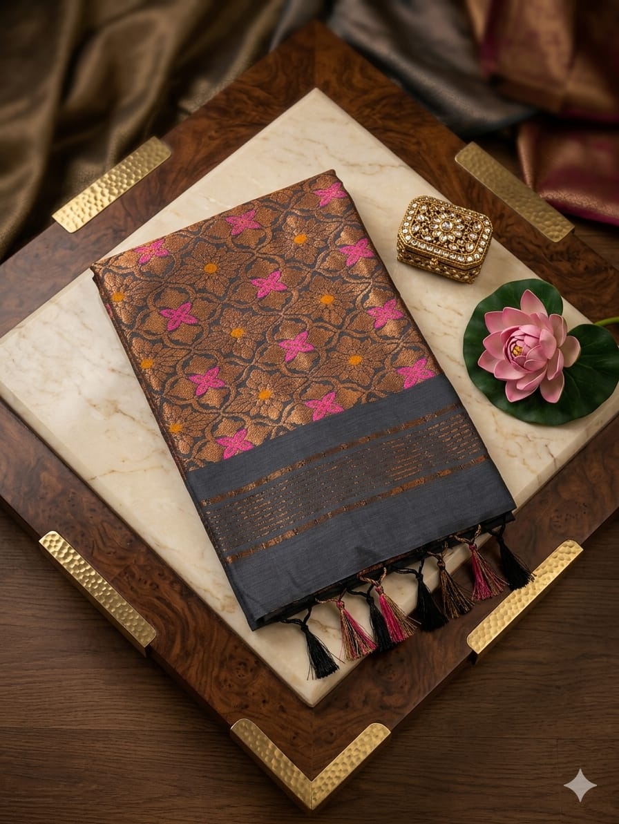 Charcoal grey Cotton Banarsi Handloom saree
