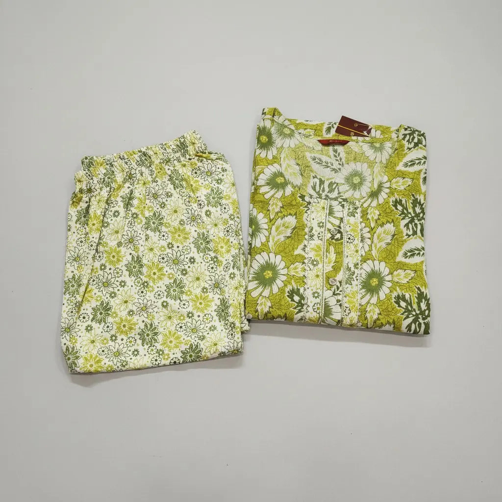 Green & Ivory Floral Printed Cotton Suit Set