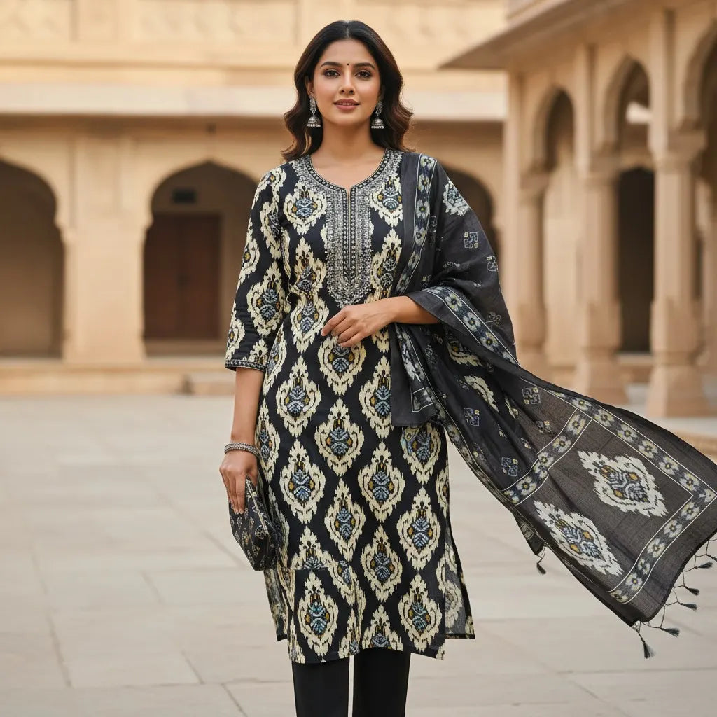 Classic Black Ikat Cotton Suit with Dupatta