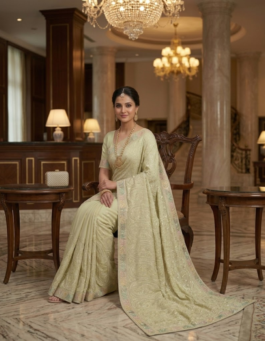 Light Green Fine Georgette Chikankari Saree