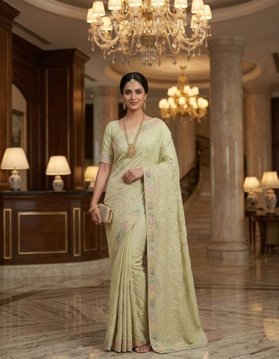 Light Green Fine Georgette Chikankari Saree