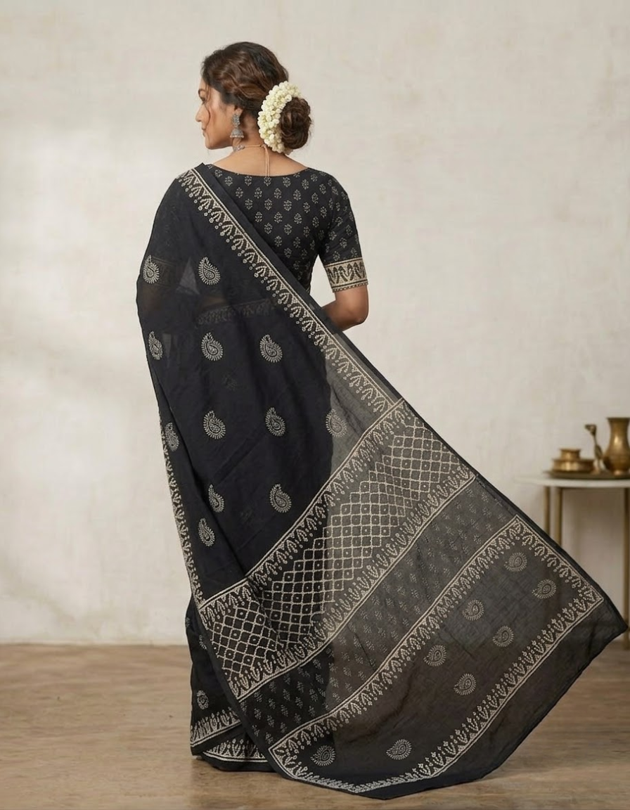Black Mul Cotton saree (Vanaspati dye, wax batik saree)