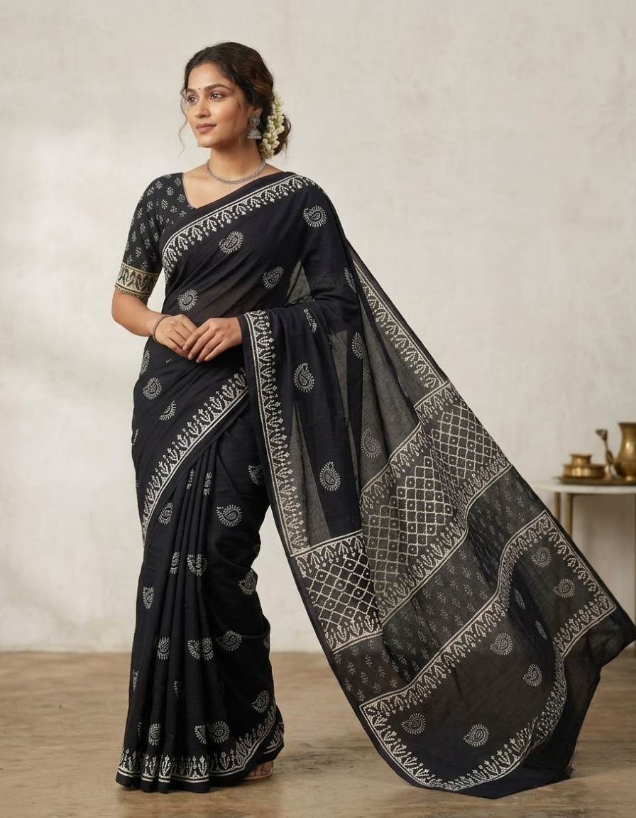 Black Mul Cotton saree (Vanaspati dye, wax batik saree)