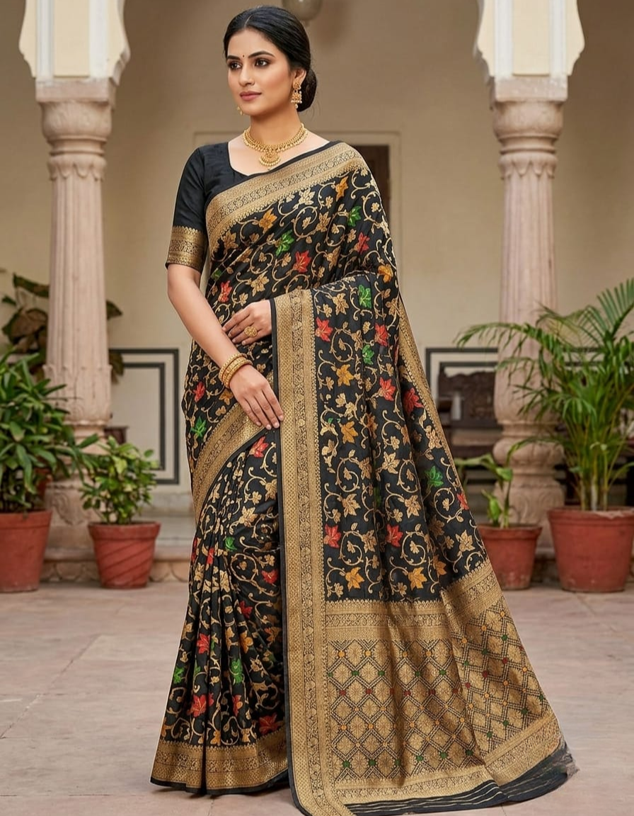 Elegant Black Munga Silk Banarasi Saree