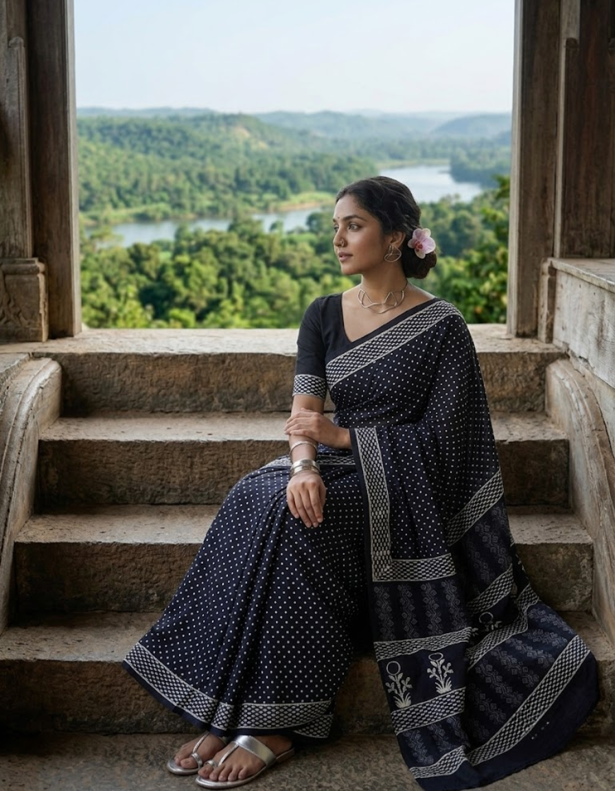 Black Mul cotton Dabu print Saree