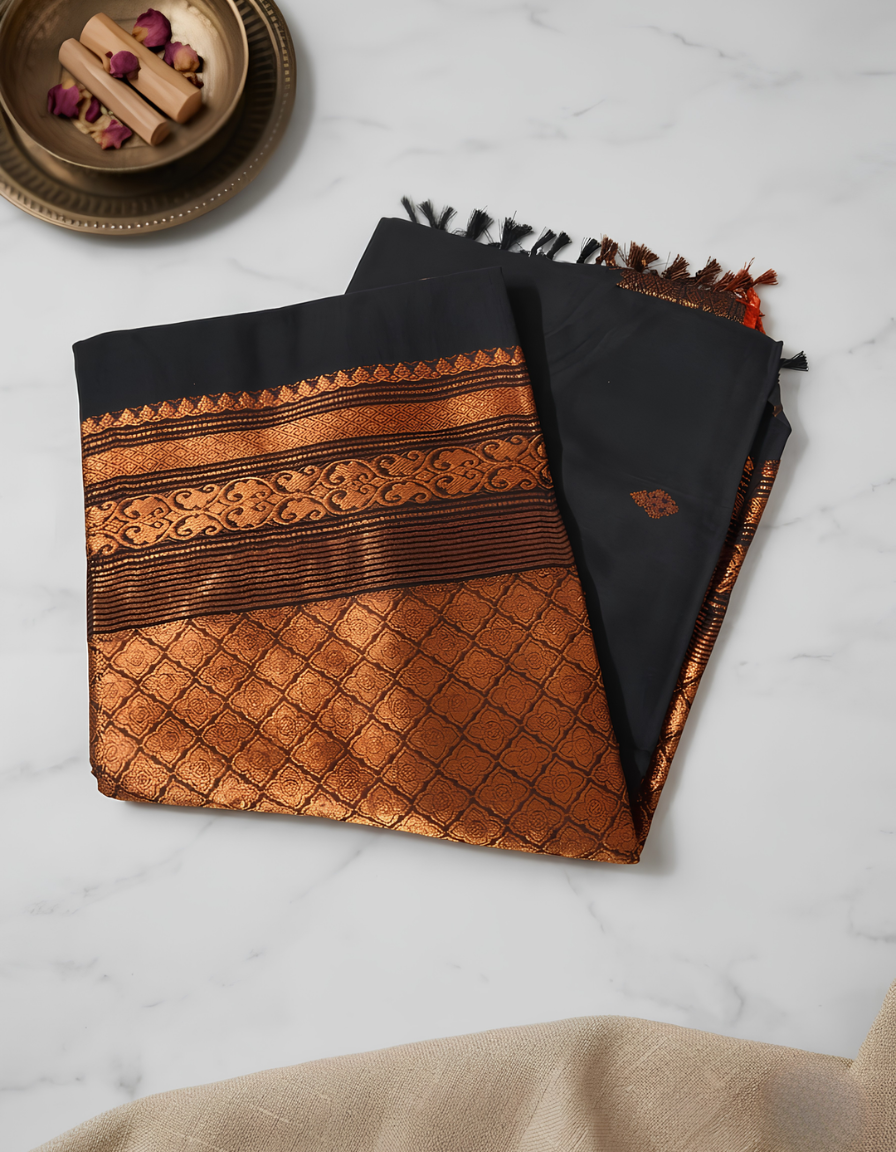 Handwoven Black Cotton Banarsi Saree