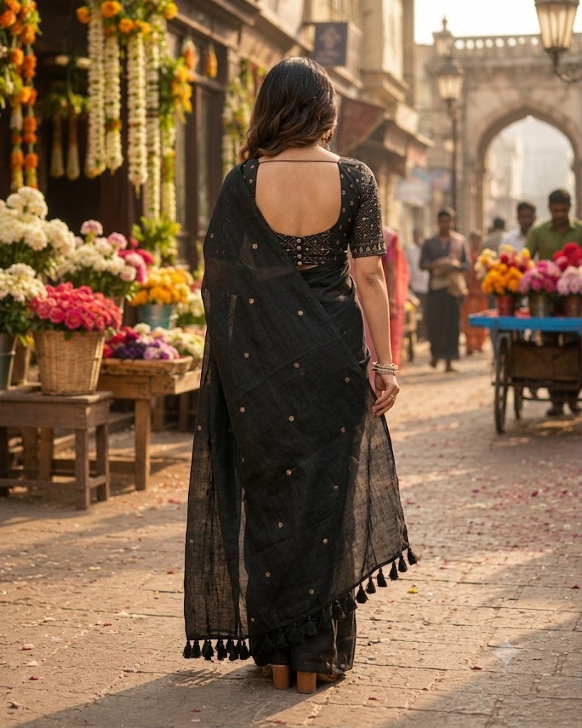 Elegant Black Handloom-Style Saree