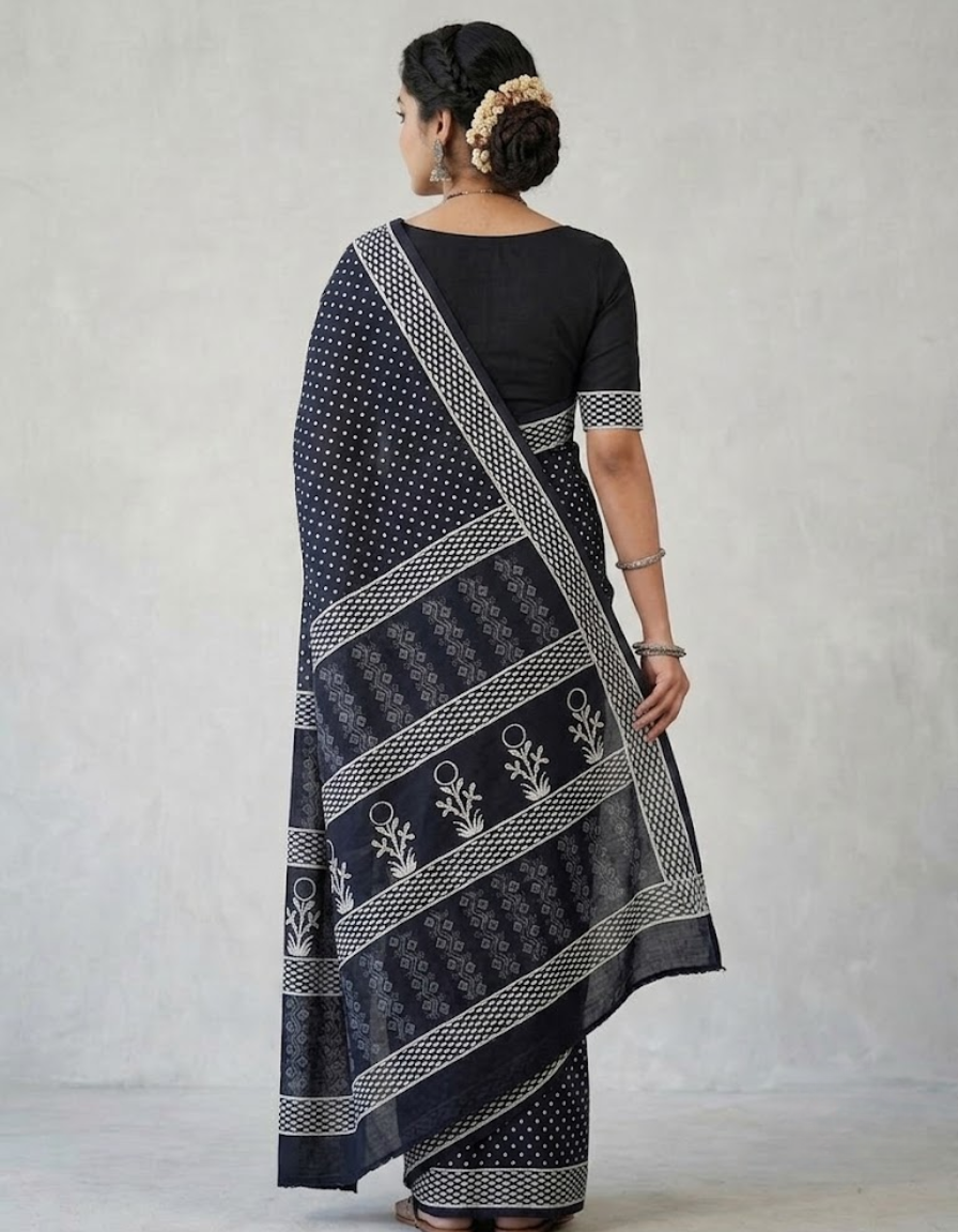 Black Mul cotton Dabu print Saree
