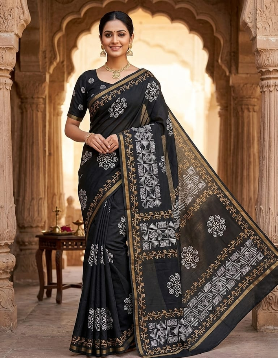 Elegant Hand-Block Printed Chanderi Cotton Saree
