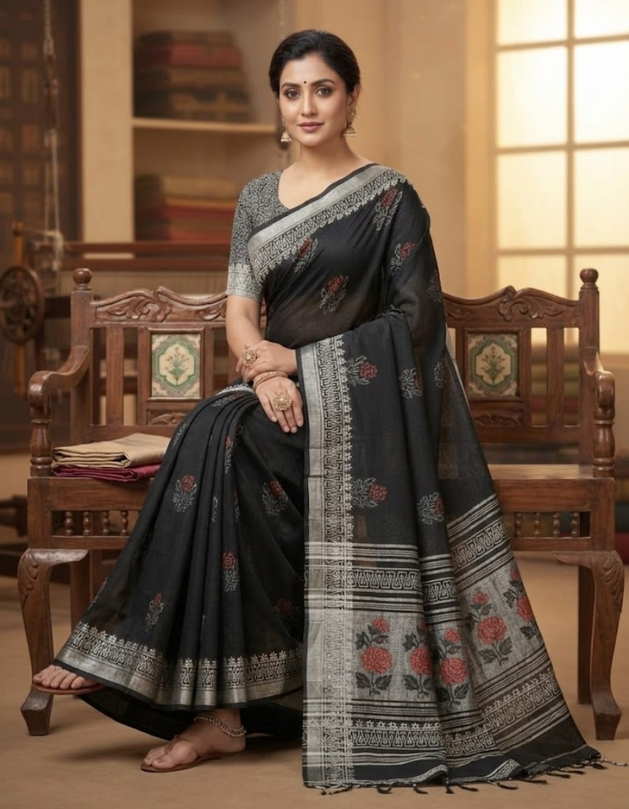 Black Linen Bagru Print Saree