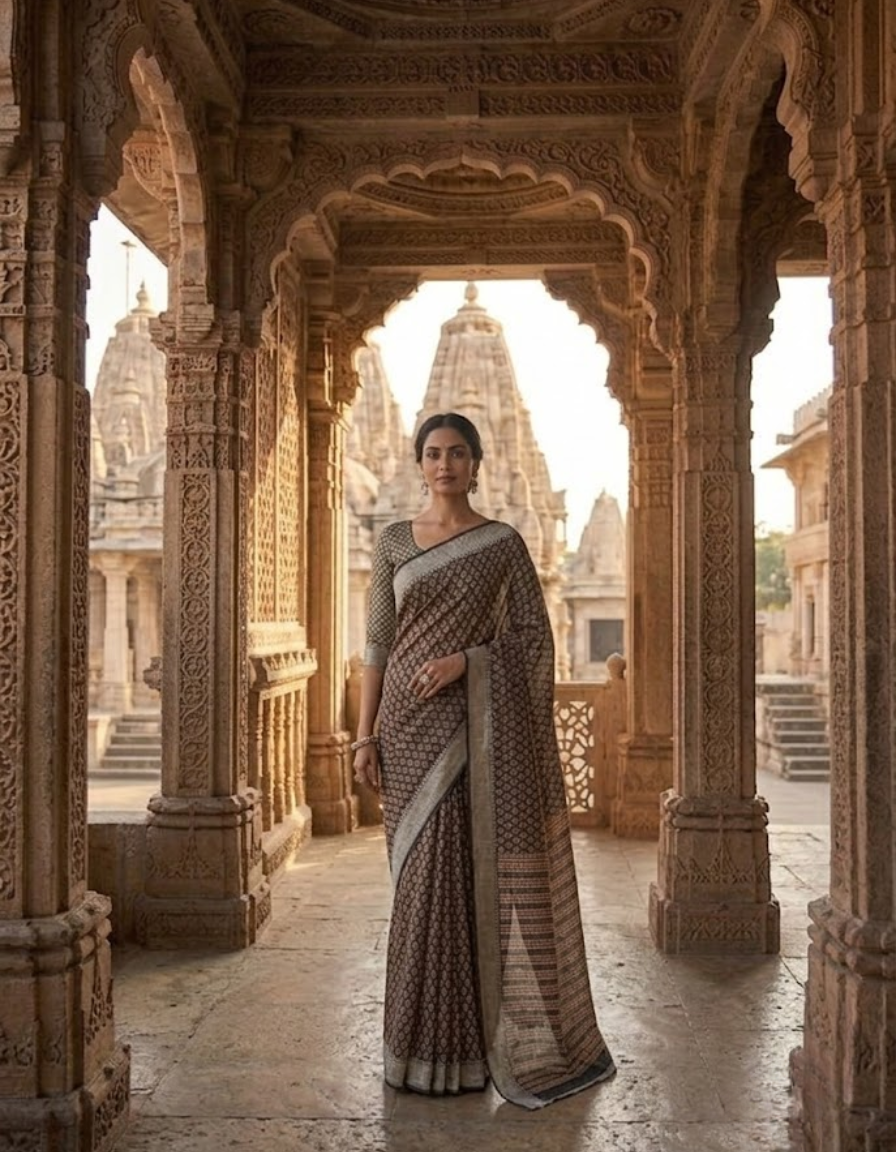 Elegant Ajrak Hand Block Print Saree