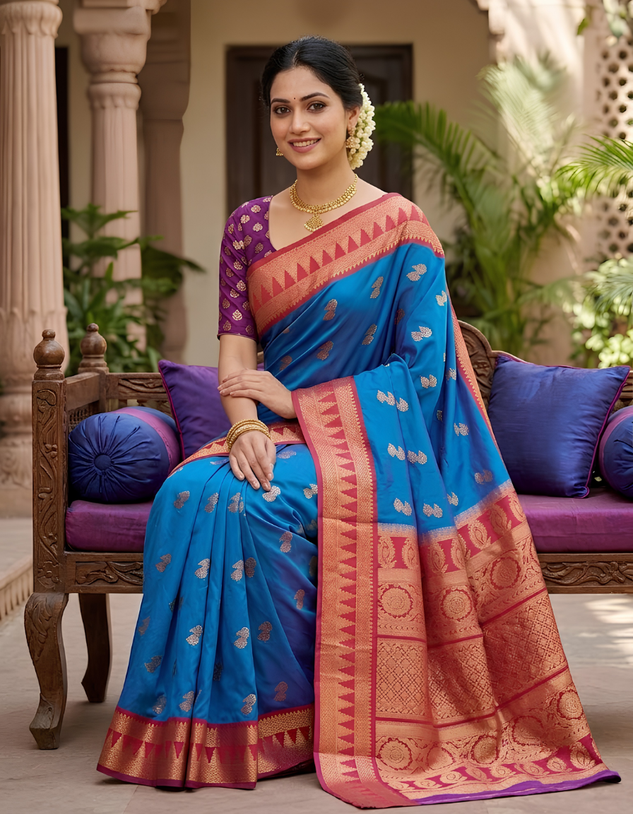 Exquisite Royal Blue Banarasi Silk Saree