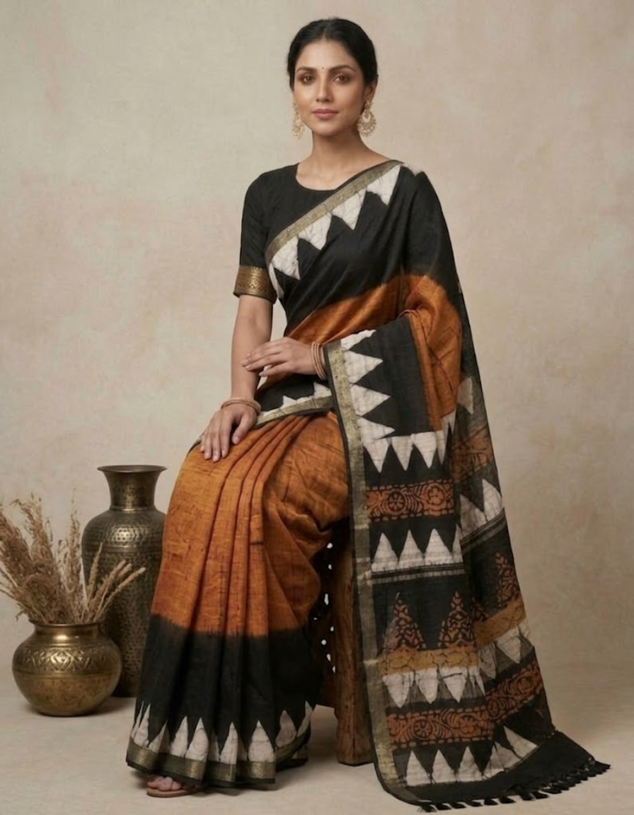 Brown n Black Crush Batik Linen cotton saree