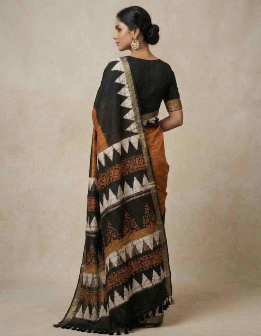 Brown n Black Crush Batik Linen cotton saree