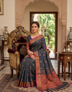 Charcoal grey Cotton Banarsi Handloom saree