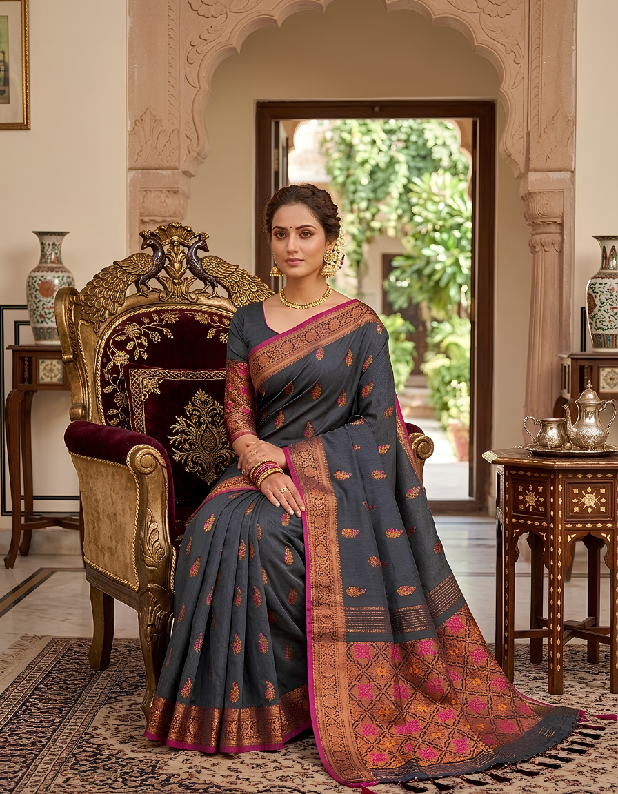 Charcoal grey Cotton Banarsi Handloom saree