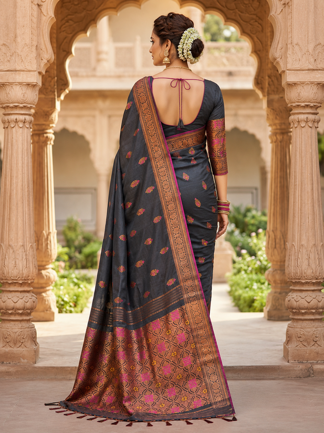 Charcoal grey Cotton Banarsi Handloom saree