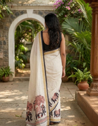 Off- white Elephant print Khadi Linen saree