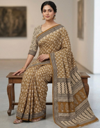 Mustard color Dabu Ajrak print Mul cotton saree