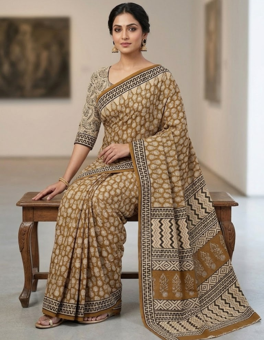 Mustard color Dabu Ajrak print Mul cotton saree