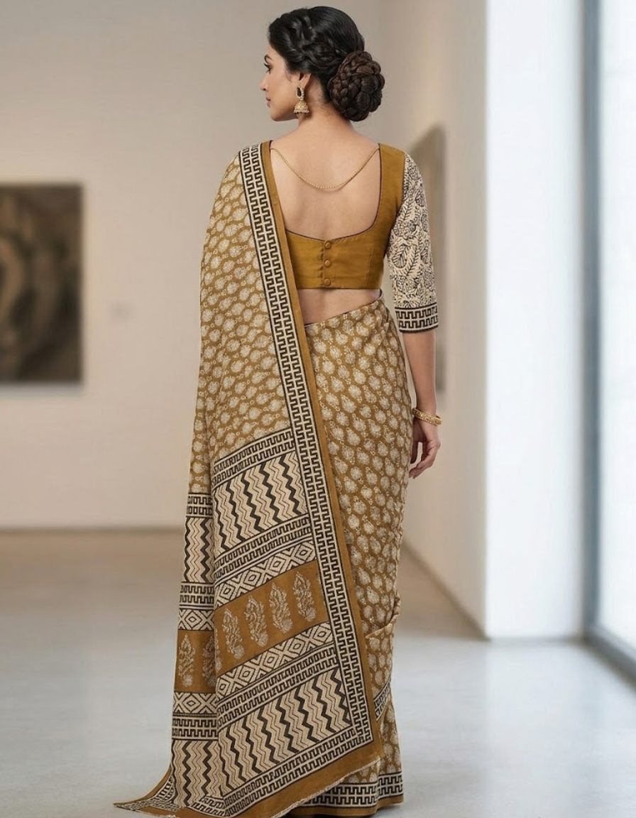 Mustard color Dabu Ajrak print Mul cotton saree
