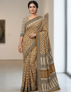 Mustard color Dabu Ajrak print Mul cotton saree