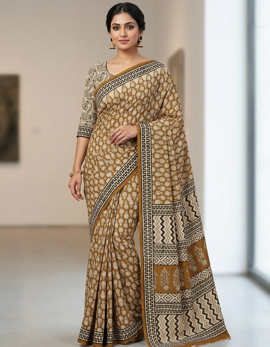 Mustard color Dabu Ajrak print Mul cotton saree