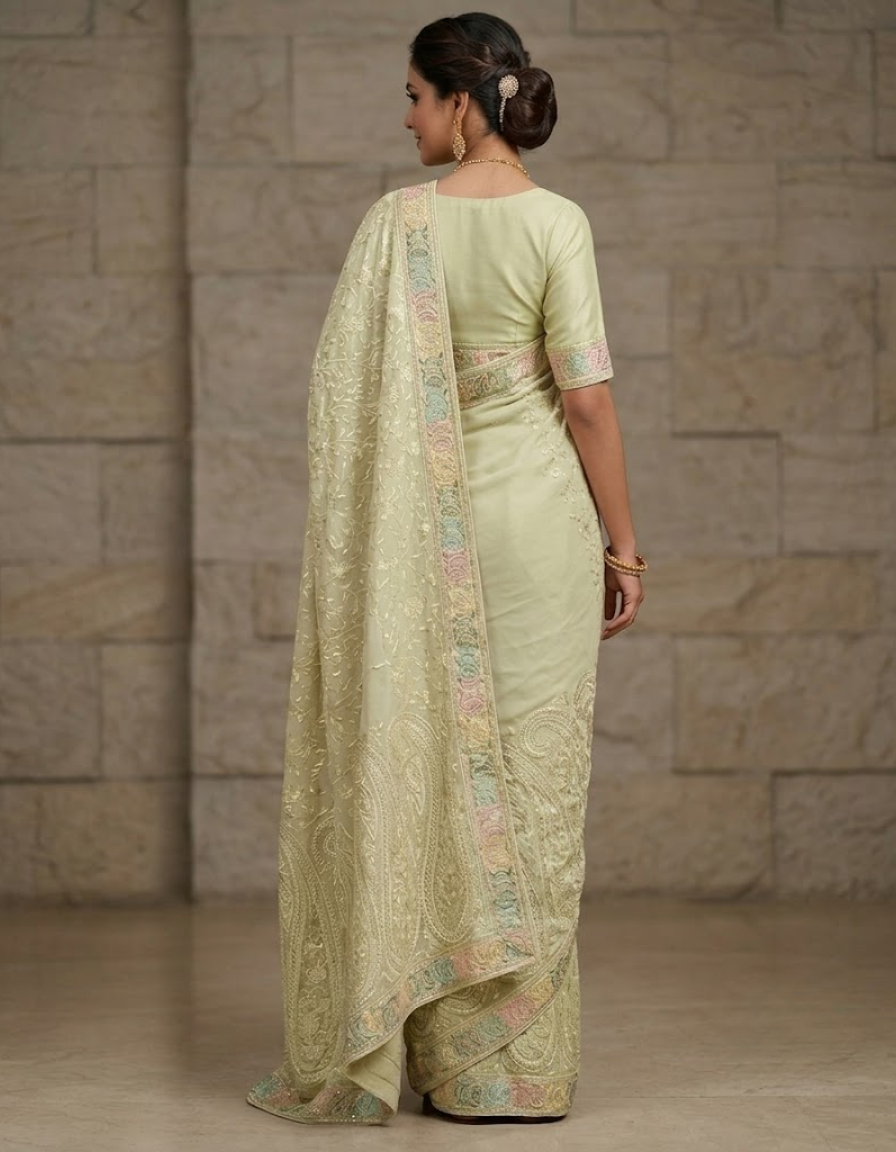 Light Green Fine Georgette Chikankari Saree