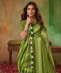 Earthy Green Hand-Dyed Striped Pure Linen-Cotton Saree
