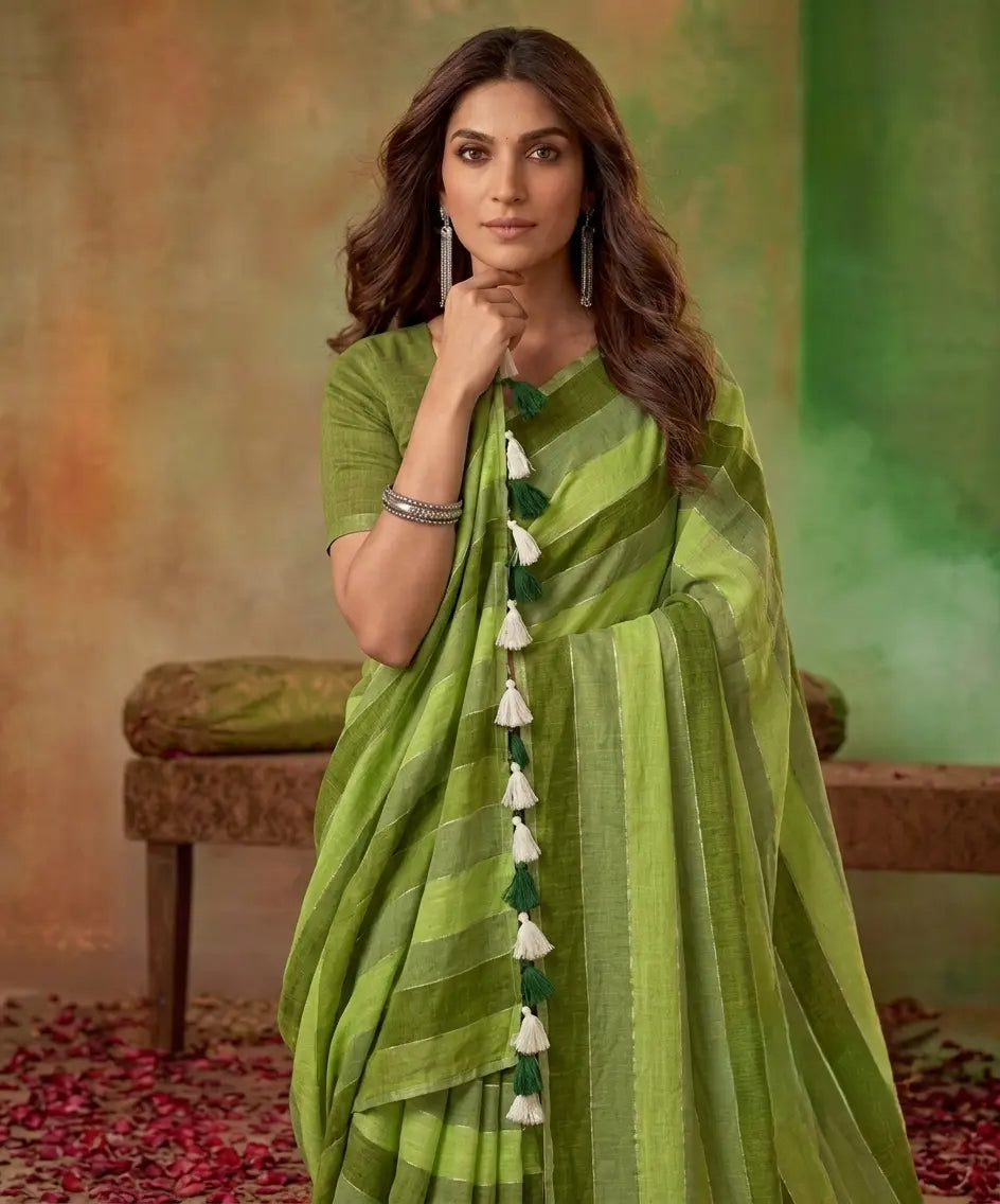 Earthy Green Hand-Dyed Striped Pure Linen-Cotton Saree