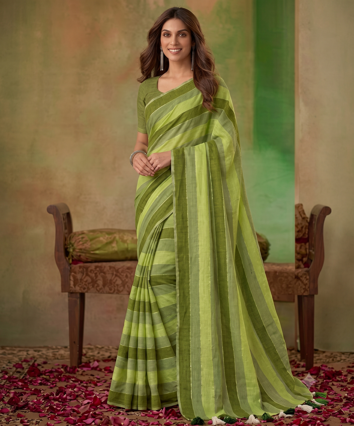 Earthy Green Hand-Dyed Striped Pure Linen-Cotton Saree