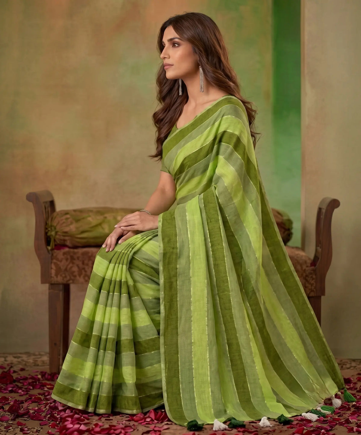 Earthy Green Hand-Dyed Striped Pure Linen-Cotton Saree