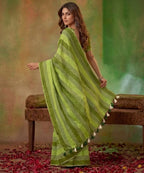 Earthy Green Hand-Dyed Striped Pure Linen-Cotton Saree