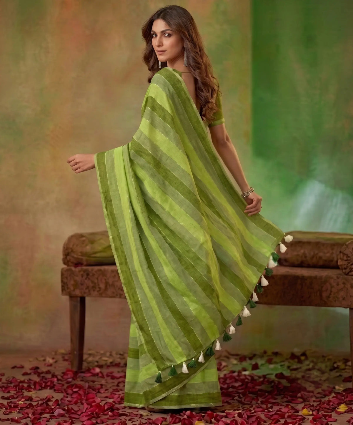 Earthy Green Hand-Dyed Striped Pure Linen-Cotton Saree