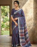 Indigo Blue Linen Cotton saree with authentic hand block print in original Napthol colours