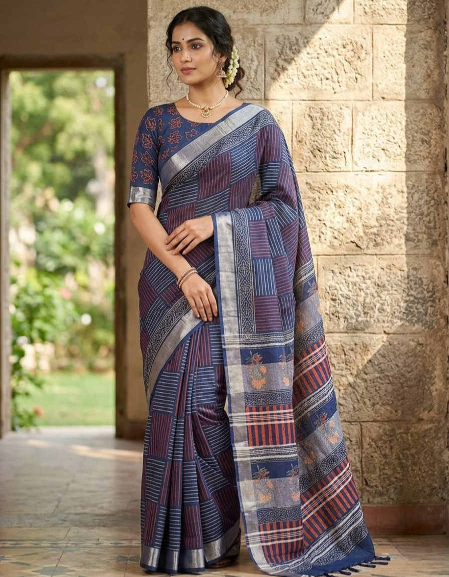 Indigo Blue Linen Cotton saree with authentic hand block print in original Napthol colours