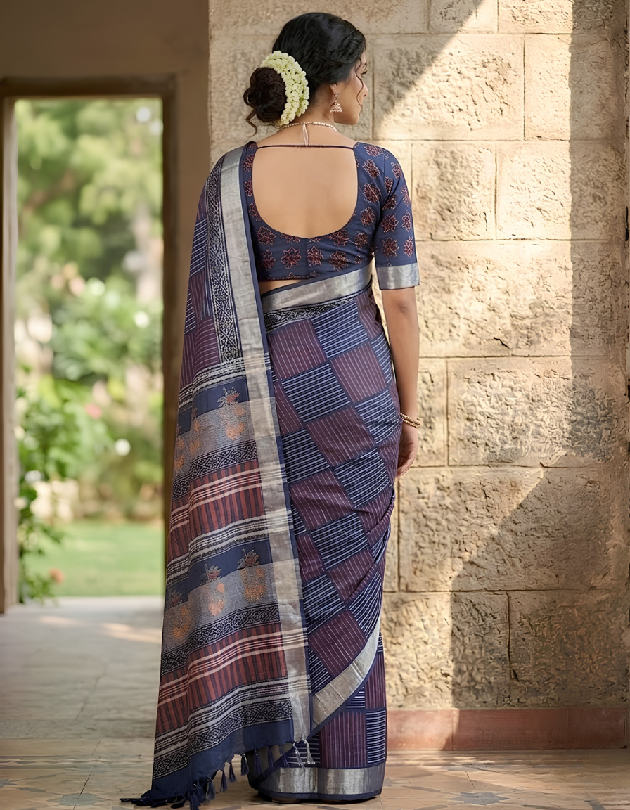 Indigo Blue Linen Cotton saree with authentic hand block print in original Napthol colours