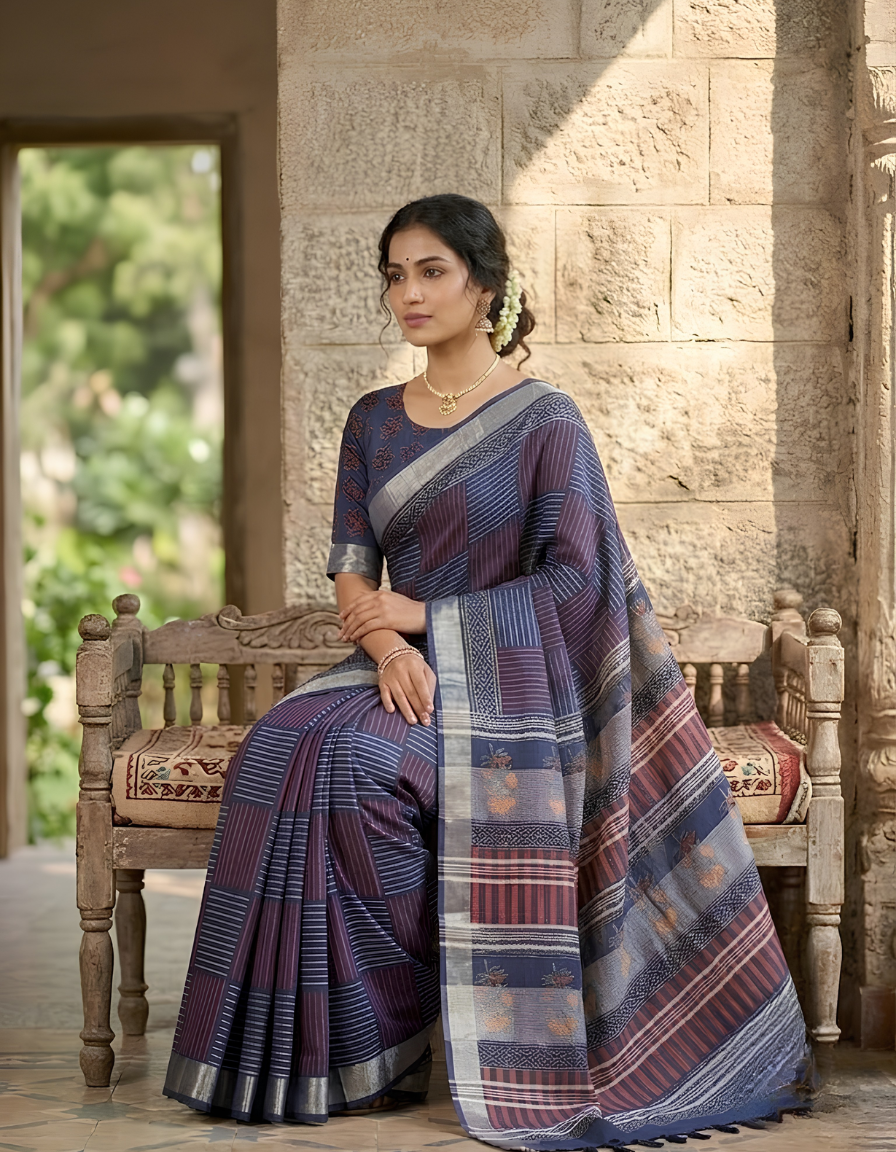 Indigo Blue Linen Cotton saree with authentic hand block print in original Napthol colours