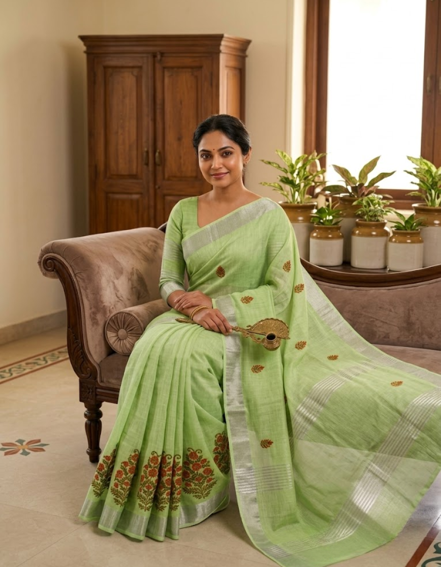 Light Green Linen Cotton Saree with embroidery