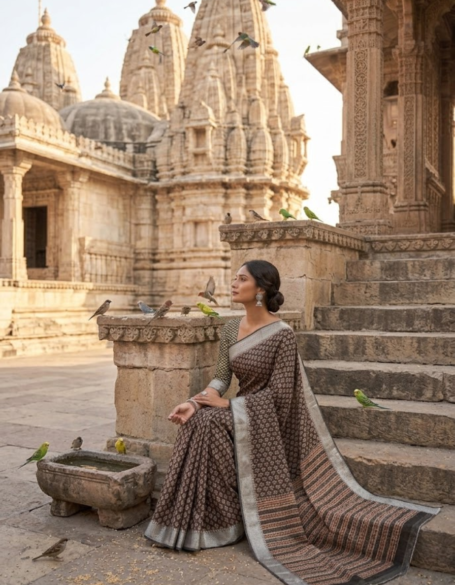 Elegant Ajrak Hand Block Print Saree