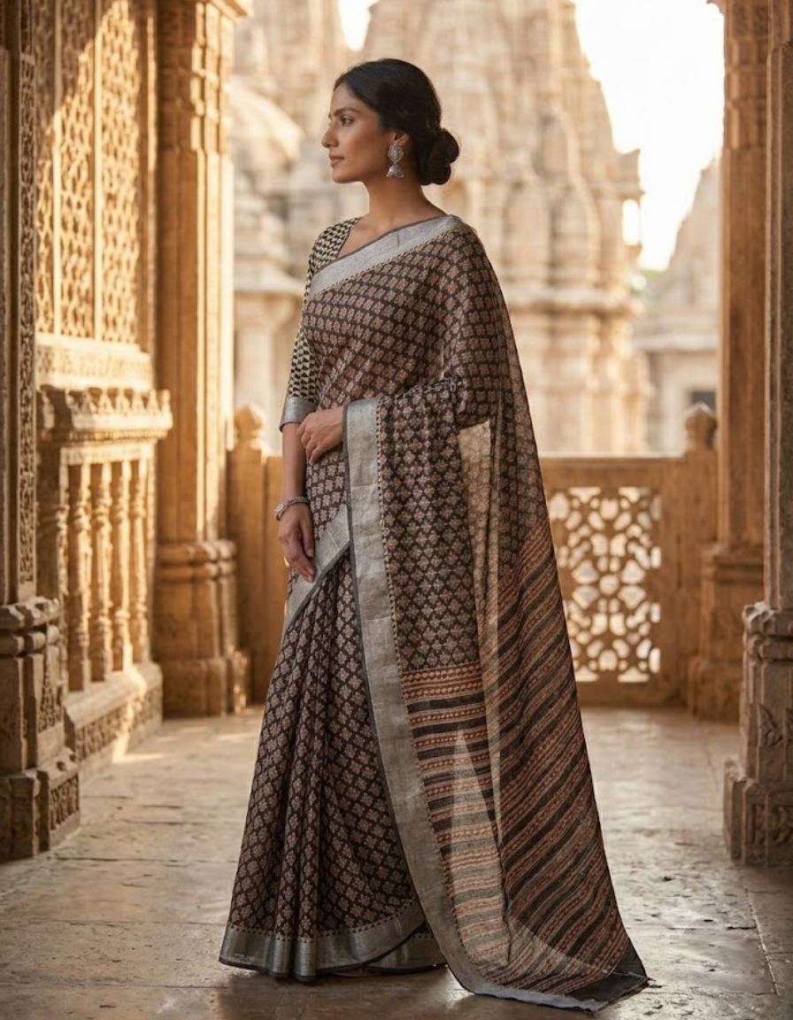 Elegant Ajrak Hand Block Print Saree