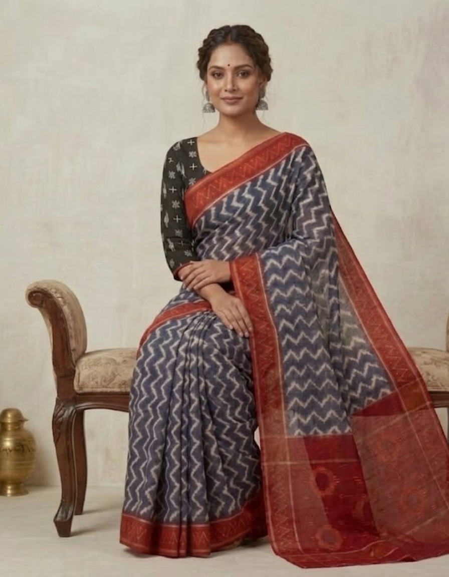 Red and Grey Linen cotton saree