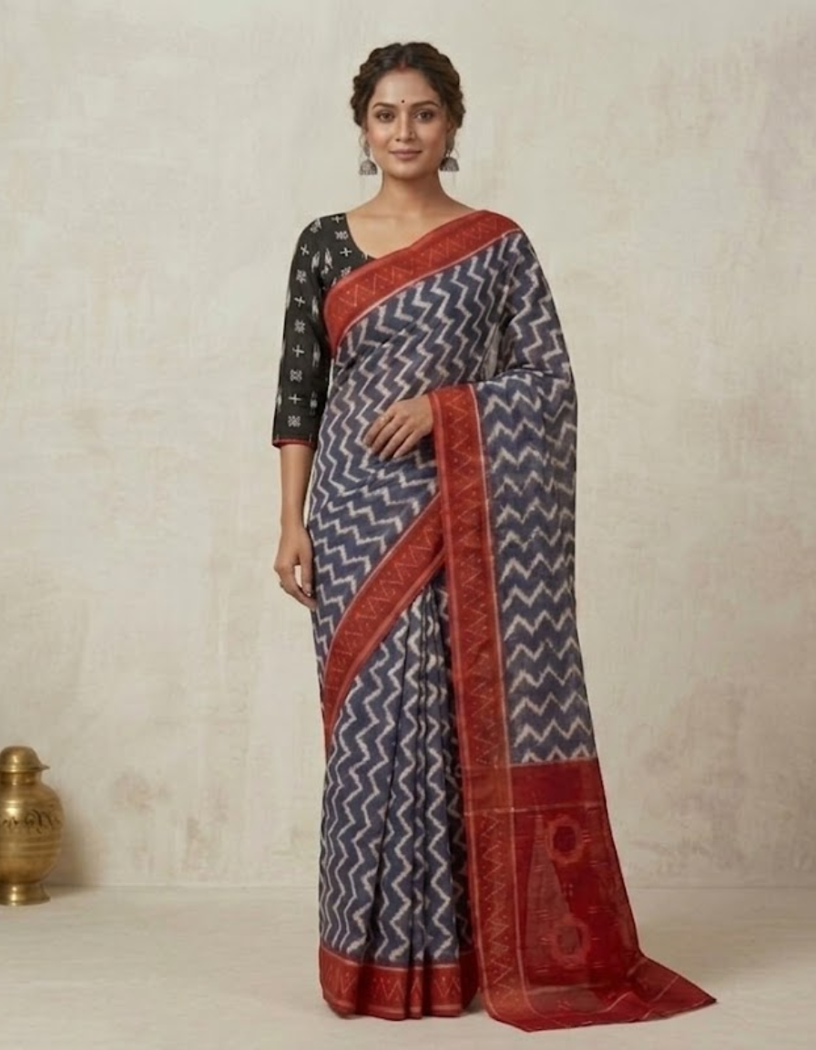 Red and Grey Linen cotton saree
