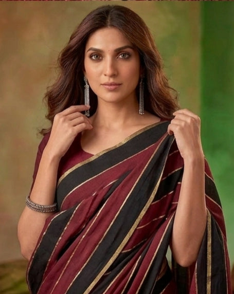 Maroon & Black Mul Cotton Saree