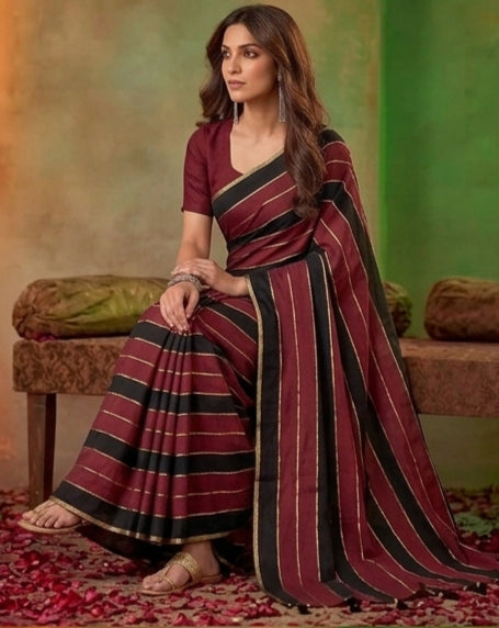 Maroon & Black Mul Cotton Saree