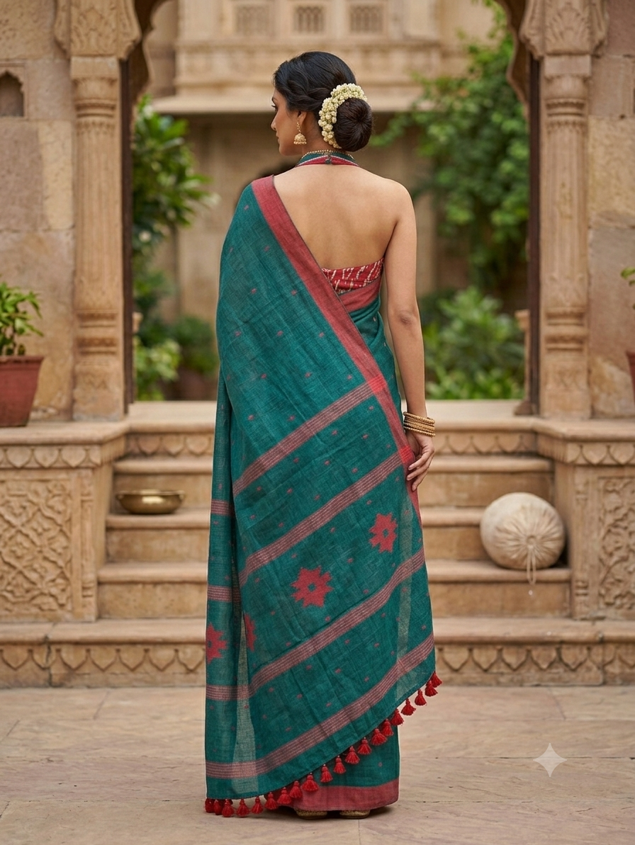 Elegance in Teal: Handwoven Mul Cotton Saree
