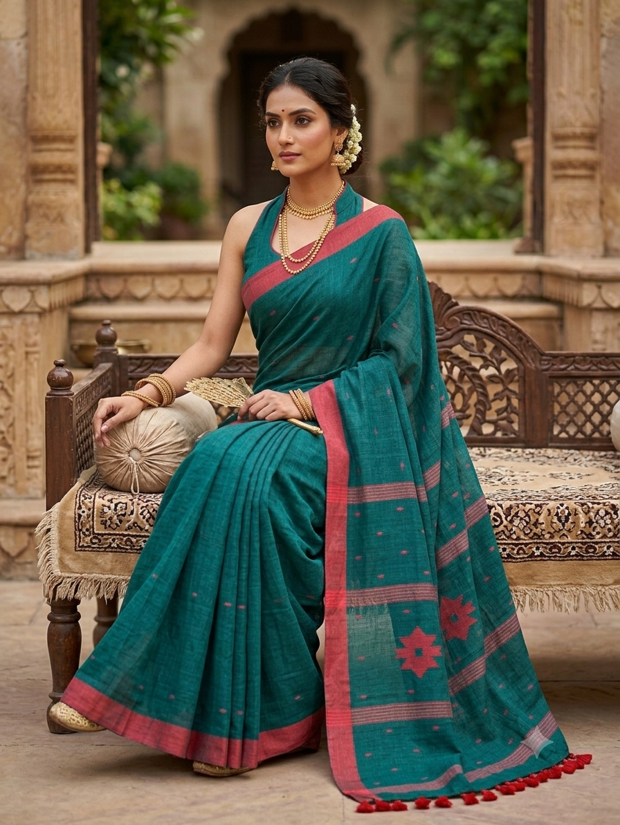 Elegance in Teal: Handwoven Mul Cotton Saree